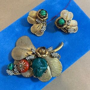 Miriam Haskell green glass earrings and brooch set